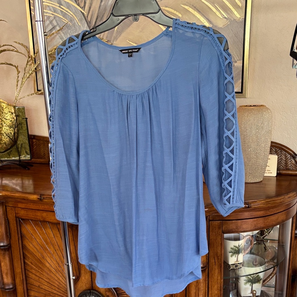 Unique Spectrum Blue Blouse with Lattice Sleeves